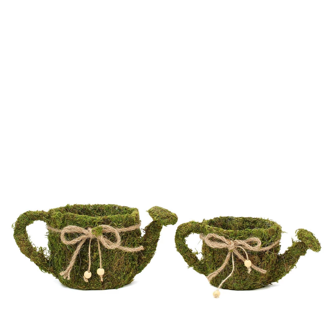 HIER_1600 Set Of 2 | Preserved Moss Watering Can Planter Box With Natural Braided Twine Bow - 11" & 10" 13 HIER_1600 Set Of 2 | Preserved Moss Watering Can Planter Box With Natural Braided Twine Bow - 11" & 10"