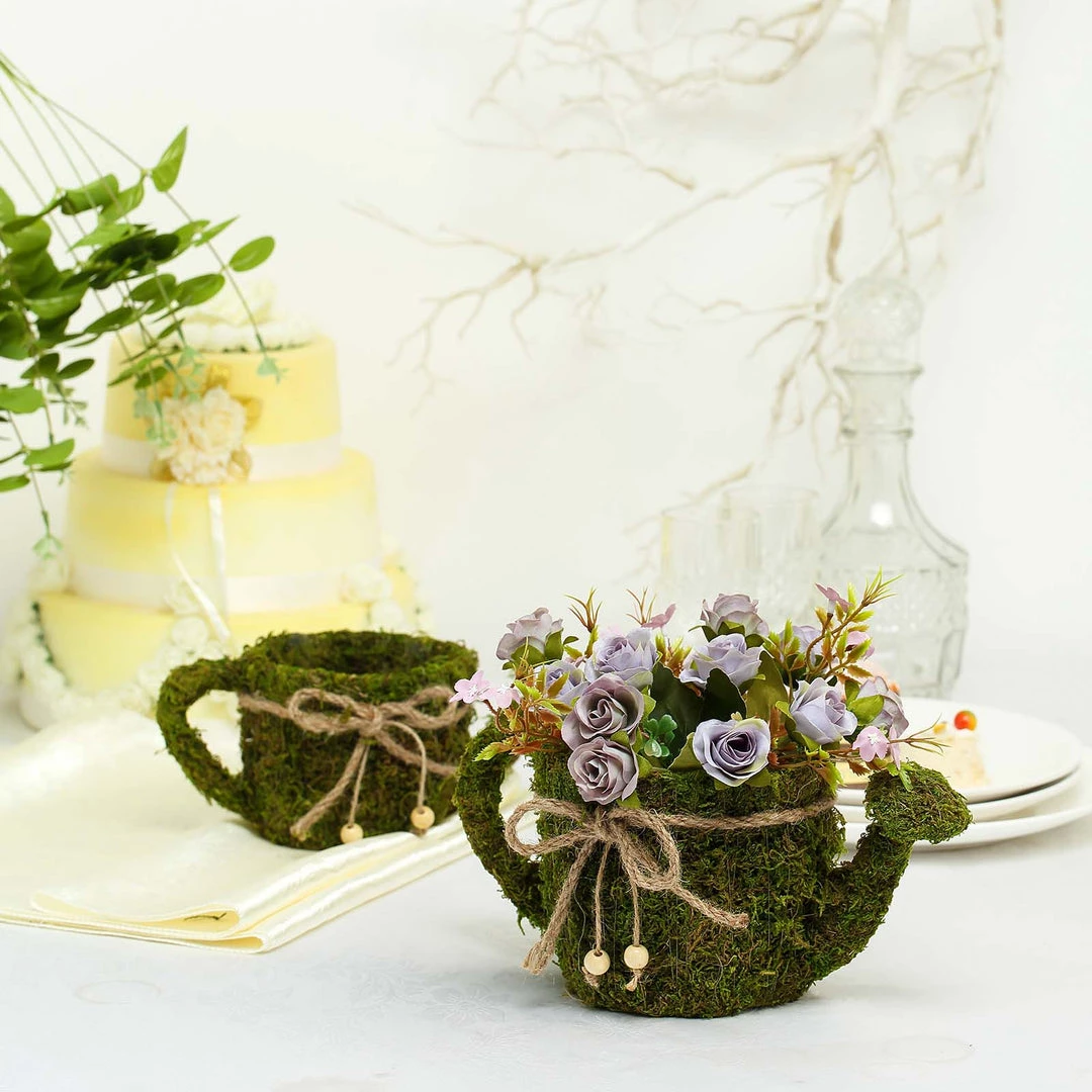 HIER_1600 Set Of 2 | Preserved Moss Watering Can Planter Box With Natural Braided Twine Bow - 11" & 10" 7 HIER_1600 Set Of 2 | Preserved Moss Watering Can Planter Box With Natural Braided Twine Bow - 11" & 10"