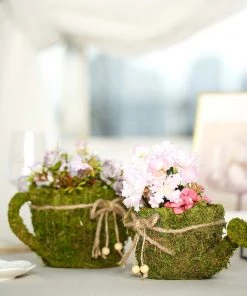 HIER_1600 Set Of 2 | Preserved Moss Watering Can Planter Box With Natural Braided Twine Bow - 11" & 10" 20 HIER_1600 Set Of 2 | Preserved Moss Watering Can Planter Box With Natural Braided Twine Bow - 11