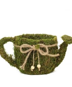HIER_1600 Set Of 2 | Preserved Moss Watering Can Planter Box With Natural Braided Twine Bow - 11" & 10" 24 HIER_1600 Set Of 2 | Preserved Moss Watering Can Planter Box With Natural Braided Twine Bow - 11