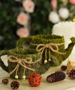 HIER_1600 Set Of 2 | Preserved Moss Watering Can Planter Box With Natural Braided Twine Bow - 11" & 10"