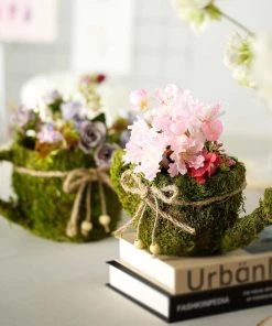 HIER_1600 Set Of 2 | Preserved Moss Watering Can Planter Box With Natural Braided Twine Bow - 11" & 10"
