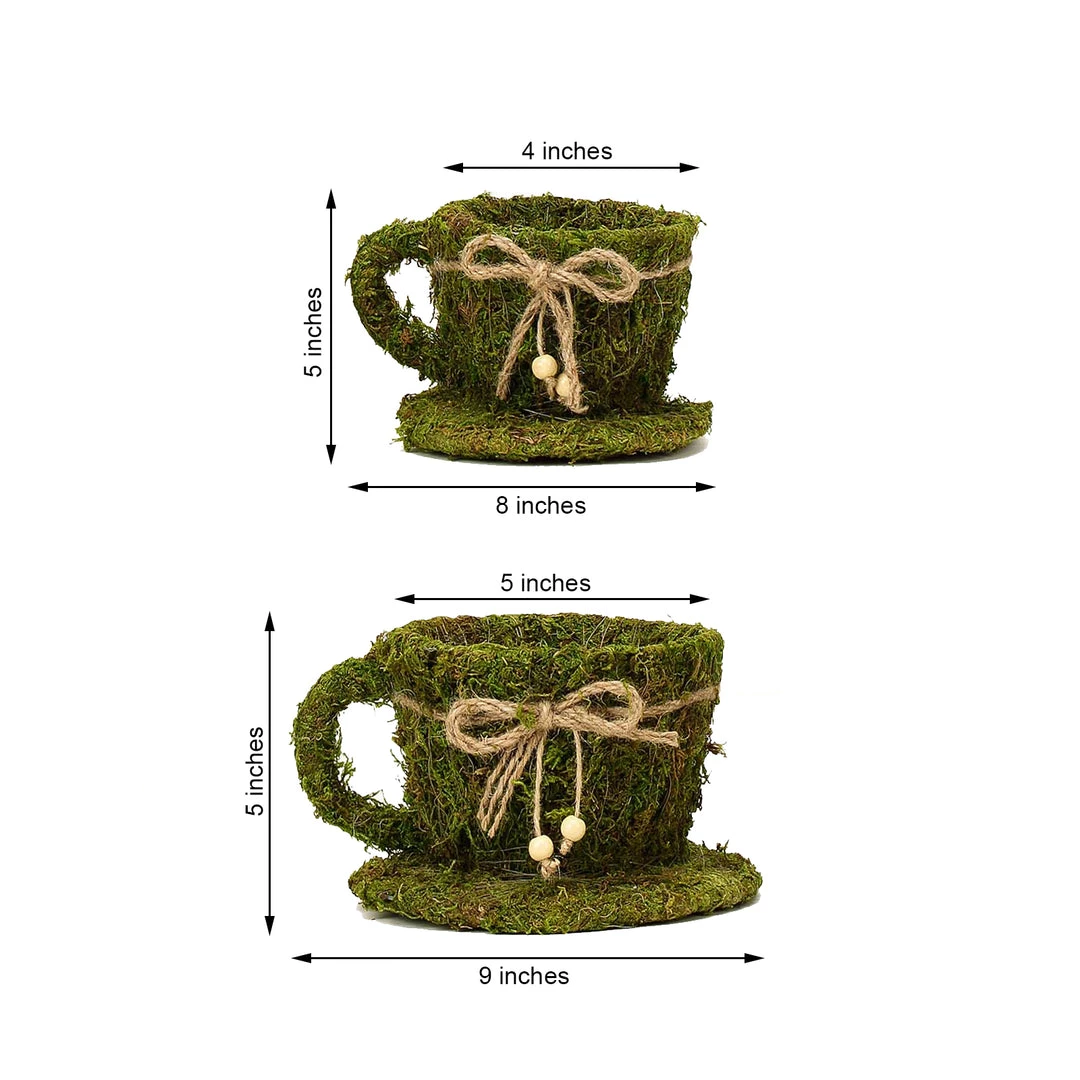 HIER_1600 Set Of 2 | Preserved Moss Teacup Planter Box With Natural Braided Twine Bow - 5" & 4" 10 HIER_1600 Set Of 2 | Preserved Moss Teacup Planter Box With Natural Braided Twine Bow - 5" & 4"