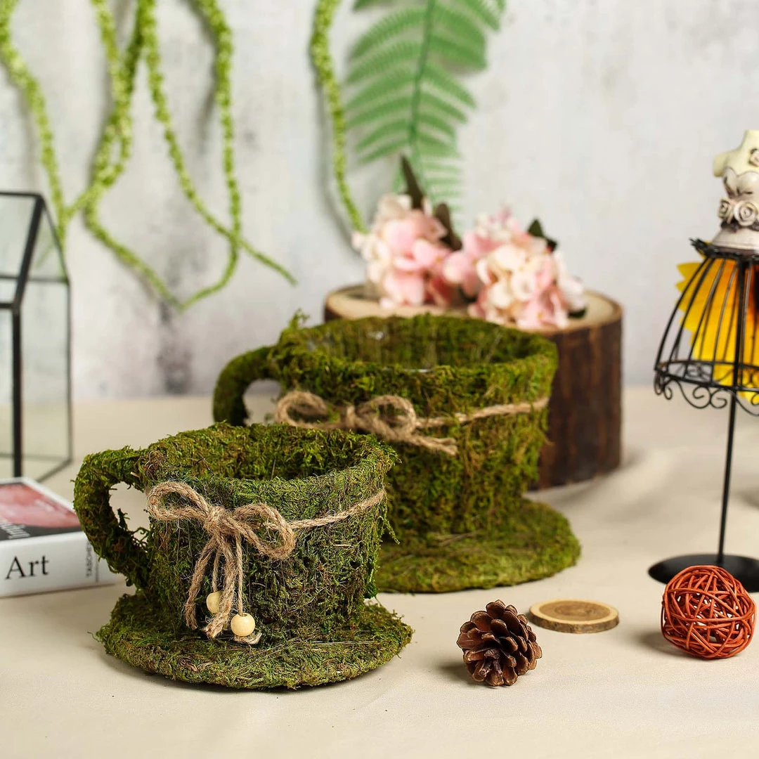 HIER_1600 Set Of 2 | Preserved Moss Teacup Planter Box With Natural Braided Twine Bow - 5" & 4" 1 HIER_1600 Set Of 2 | Preserved Moss Teacup Planter Box With Natural Braided Twine Bow - 5" & 4"