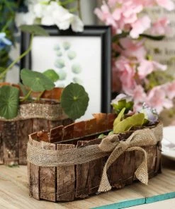 HIER_1600 Set Of 2 | Natural Bark Twine Rustic Flower Planter Box With Natural Jute Bows – 14" & 10"