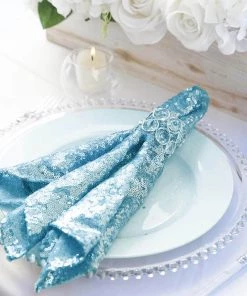 HIER_2210 20"x20" Serenity Blue Premium Sequin Cloth Dinner Napkin | Reusable Linen Linen Napkins