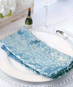 HIER_2210 20"x20" Serenity Blue Premium Sequin Cloth Dinner Napkin | Reusable Linen Linen Napkins