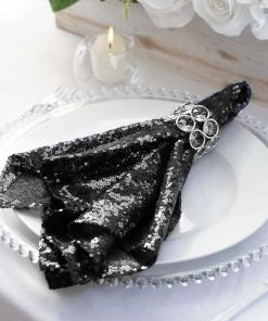 HIER_2210 20”x20” Black Premium Sequin Cloth Dinner Napkin | Reusable Linen