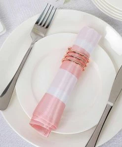 HIER_2210 5 Pack | Blush/Rose Gold & White Striped Satin Cloth Dinner Napkins | 20"x20" Linen Napkins