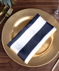 HIER_2210 5 Pack | Navy & White Striped Satin Cloth Dinner Napkins | 20"x20" Linen Napkins