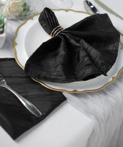 HIER_2210 5 Pack | Black Accordion Crinkle Taffeta Cloth Dinner Napkins | 20"x20" Linen Napkins