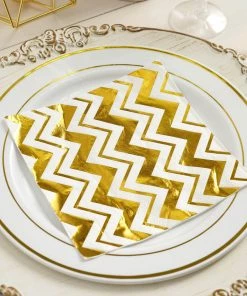 HIER_2210 20 Pack | 3 Ply Metallic Gold Chevron Paper Dinner Napkins | Wedding Cocktail Napkins