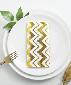 HIER_2210 20 Pack | 3 Ply Metallic Gold Chevron Paper Dinner Napkins | Wedding Cocktail Napkins