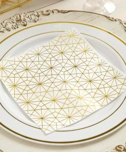 HIER_2210 20 Pack | 3 Ply Metallic Gold Geometric Design Paper Dinner Napkins | Wedding Cocktail Napkins
