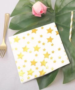 HIER_2210 20 Pack | 3 Ply Metallic Gold Stars Paper Dinner Napkins | Wedding Cocktail Napkins Linen Napkins