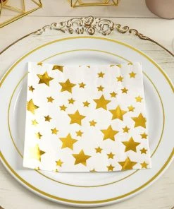 HIER_2210 20 Pack | 3 Ply Metallic Gold Stars Paper Dinner Napkins | Wedding Cocktail Napkins Linen Napkins