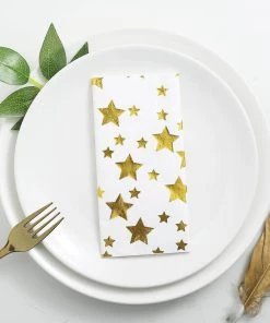 HIER_2210 20 Pack | 3 Ply Metallic Gold Stars Paper Dinner Napkins | Wedding Cocktail Napkins Linen Napkins