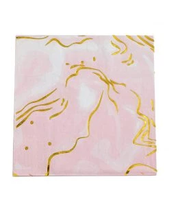 HIER_2210 20 Pack | 3 Ply Metallic Gold Swirl Design White / Pink Paper Dinner Napkins | Wedding Cocktail Napkins