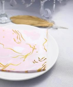 HIER_2210 20 Pack | 3 Ply Metallic Gold Swirl Design White / Pink Paper Dinner Napkins | Wedding Cocktail Napkins