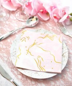 HIER_2210 20 Pack | 3 Ply Metallic Gold Swirl Design White / Pink Paper Dinner Napkins | Wedding Cocktail Napkins