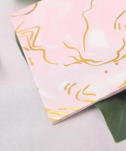 HIER_2210 20 Pack | 3 Ply Metallic Gold Swirl Design White / Pink Paper Dinner Napkins | Wedding Cocktail Napkins