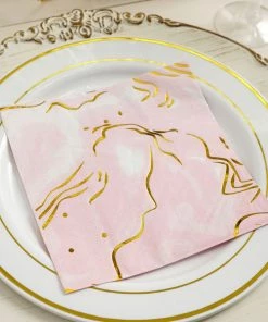HIER_2210 20 Pack | 3 Ply Metallic Gold Swirl Design White / Pink Paper Dinner Napkins | Wedding Cocktail Napkins