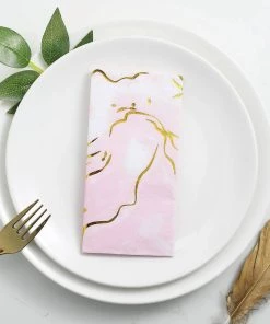 HIER_2210 20 Pack | 3 Ply Metallic Gold Swirl Design White / Pink Paper Dinner Napkins | Wedding Cocktail Napkins