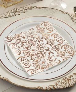 HIER_2210 20 Pack | 3 Ply Metallic Rose Gold Vintage Pattern Paper Dinner Napkins | Wedding Cocktail Napkins Linen Napkins