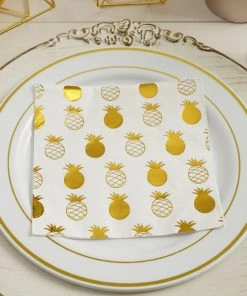 HIER_2210 20 Pack | 3 Ply Metallic Gold Pineapple Paper Dinner Napkins | Wedding Cocktail Napkins Linen Napkins