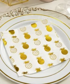 HIER_2210 20 Pack | 3 Ply Metallic Gold Pineapple Paper Dinner Napkins | Wedding Cocktail Napkins Linen Napkins