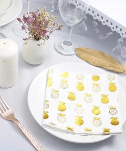HIER_2210 20 Pack | 3 Ply Metallic Gold Pineapple Paper Dinner Napkins | Wedding Cocktail Napkins Linen Napkins
