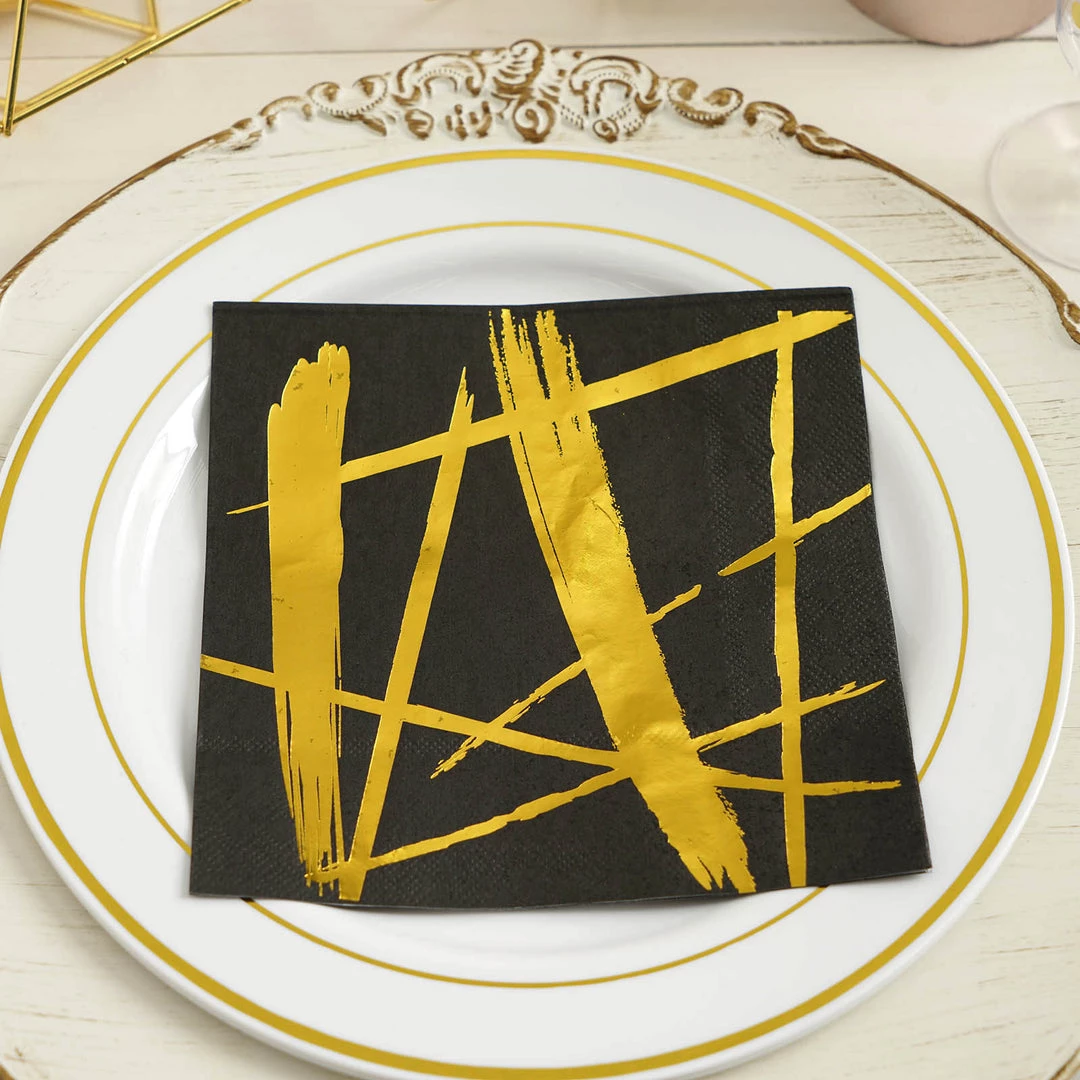 HIER_2210 20 Pack | 3 Ply Metallic Gold Streaks Design Black Paper Dinner Napkins | Wedding Cocktail Napkins 12 HIER_2210 20 Pack | 3 Ply Metallic Gold Streaks Design Black Paper Dinner Napkins | Wedding Cocktail Napkins