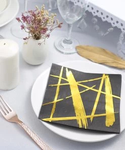 HIER_2210 20 Pack | 3 Ply Metallic Gold Streaks Design Black Paper Dinner Napkins | Wedding Cocktail Napkins 21 HIER_2210 20 Pack | 3 Ply Metallic Gold Streaks Design Black Paper Dinner Napkins | Wedding Cocktail Napkins