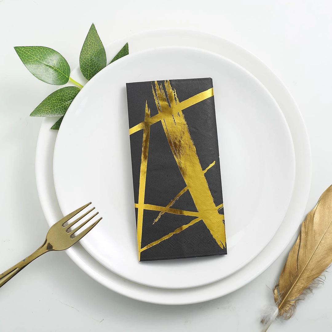 HIER_2210 20 Pack | 3 Ply Metallic Gold Streaks Design Black Paper Dinner Napkins | Wedding Cocktail Napkins 2 HIER_2210 20 Pack | 3 Ply Metallic Gold Streaks Design Black Paper Dinner Napkins | Wedding Cocktail Napkins