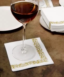 HIER_5470 Linen Napkins 20 Pack | 10"x10" White Airlaid Paper Cocktail Napkins Soft Linen Like Napkin With Gold Scroll Floral Design
