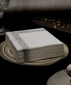 HIER_5470 20 Pack | 10"x10" White Airlaid Paper Cocktail Napkins Soft Linen Like Napkin With Silver Scroll Floral Design 17 HIER_5470 20 Pack | 10