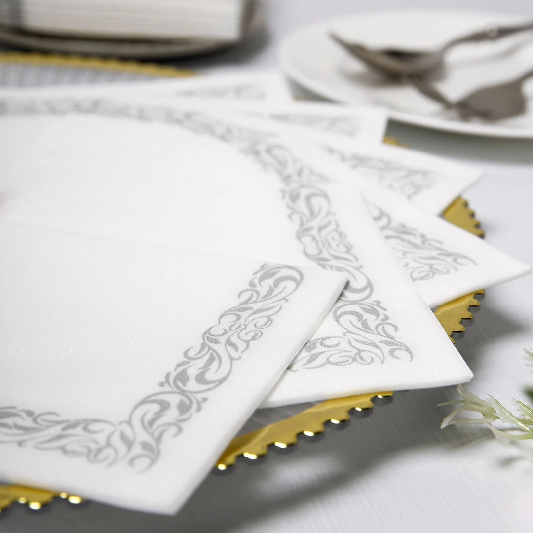 HIER_5470 20 Pack | 10"x10" White Airlaid Paper Cocktail Napkins Soft Linen Like Napkin With Silver Scroll Floral Design 1 HIER_5470 20 Pack | 10"x10" White Airlaid Paper Cocktail Napkins Soft Linen Like Napkin With Silver Scroll Floral Design