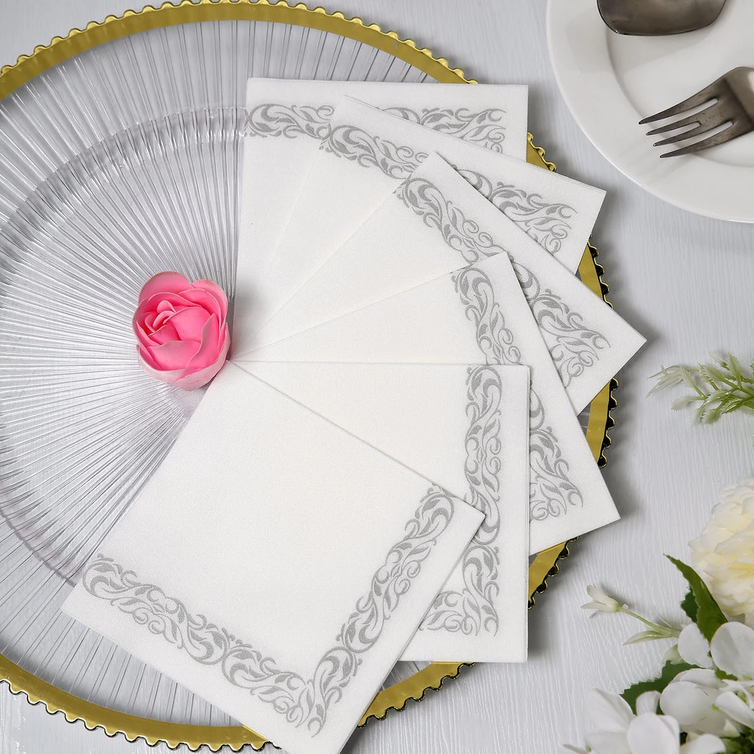 HIER_5470 20 Pack | 10"x10" White Airlaid Paper Cocktail Napkins Soft Linen Like Napkin With Silver Scroll Floral Design 8 HIER_5470 20 Pack | 10"x10" White Airlaid Paper Cocktail Napkins Soft Linen Like Napkin With Silver Scroll Floral Design