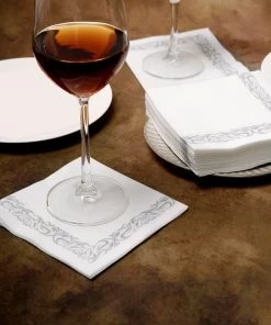 HIER_5470 20 Pack | 10"x10" White Airlaid Paper Cocktail Napkins Soft Linen Like Napkin With Silver Scroll Floral Design