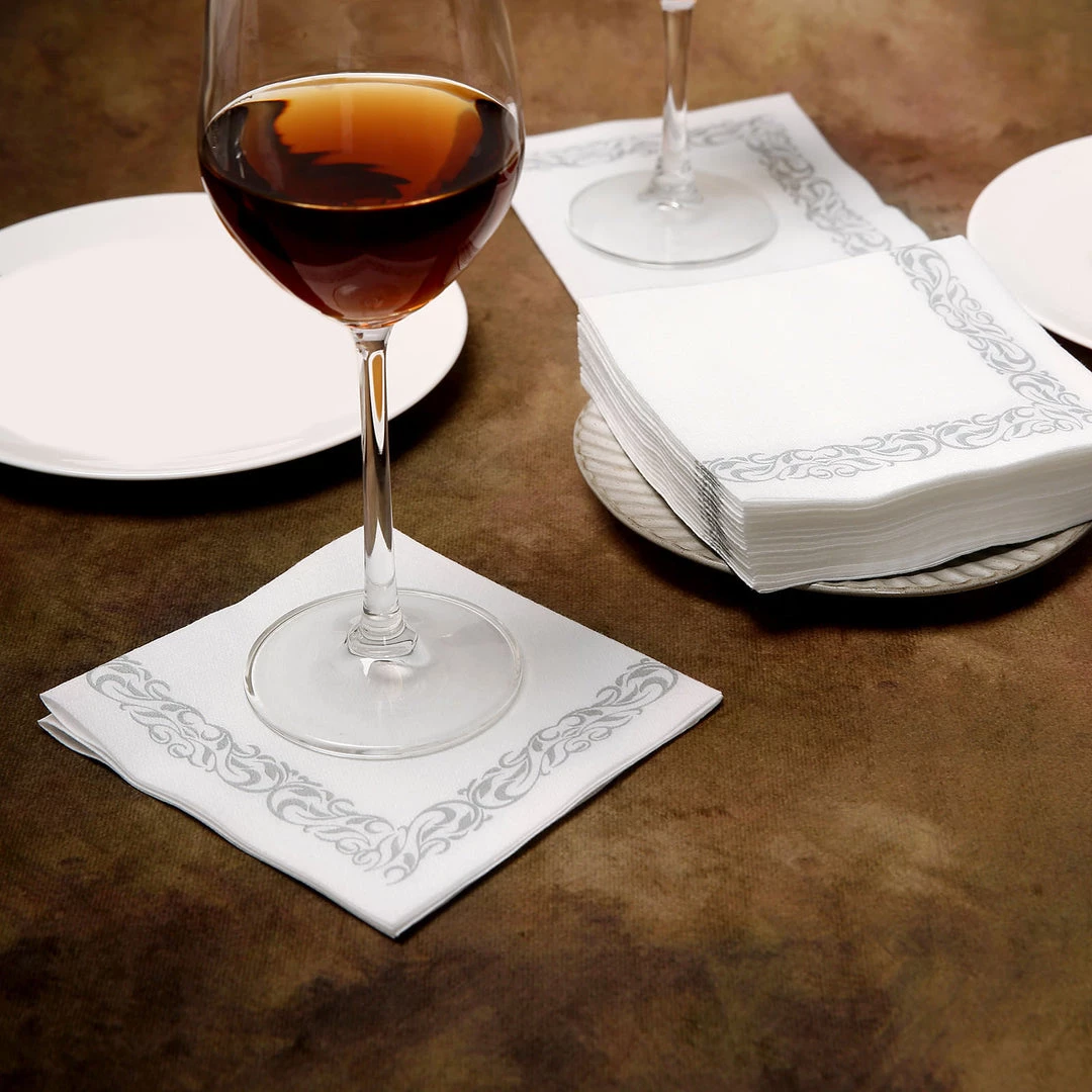 HIER_5470 20 Pack | 10"x10" White Airlaid Paper Cocktail Napkins Soft Linen Like Napkin With Silver Scroll Floral Design 2 HIER_5470 20 Pack | 10"x10" White Airlaid Paper Cocktail Napkins Soft Linen Like Napkin With Silver Scroll Floral Design
