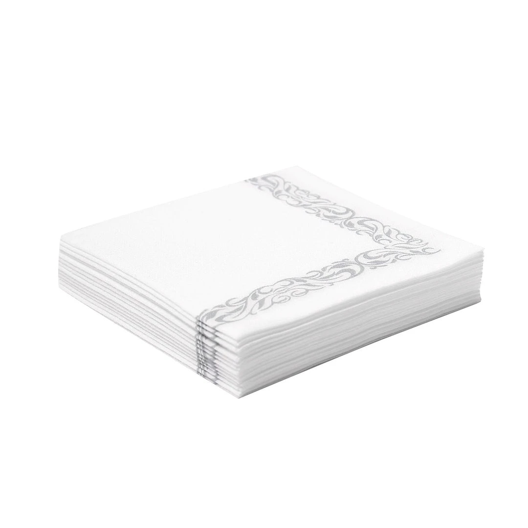 HIER_5470 20 Pack | 10"x10" White Airlaid Paper Cocktail Napkins Soft Linen Like Napkin With Silver Scroll Floral Design 10 HIER_5470 20 Pack | 10"x10" White Airlaid Paper Cocktail Napkins Soft Linen Like Napkin With Silver Scroll Floral Design