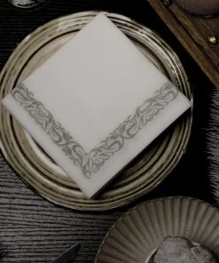 HIER_5470 20 Pack | 10"x10" White Airlaid Paper Cocktail Napkins Soft Linen Like Napkin With Silver Scroll Floral Design 20 HIER_5470 20 Pack | 10