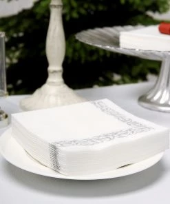 HIER_5470 20 Pack | 10"x10" White Airlaid Paper Cocktail Napkins Soft Linen Like Napkin With Silver Scroll Floral Design 18 HIER_5470 20 Pack | 10