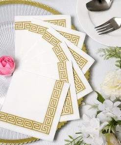 HIER_5470 20 Pack | 10"x10" White Airlaid Paper Cocktail Napkins Soft Linen Like Napkin With Gold Greek Key Design Linen Napkins