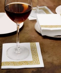 HIER_5470 20 Pack | 10"x10" White Airlaid Paper Cocktail Napkins Soft Linen Like Napkin With Gold Greek Key Design Linen Napkins