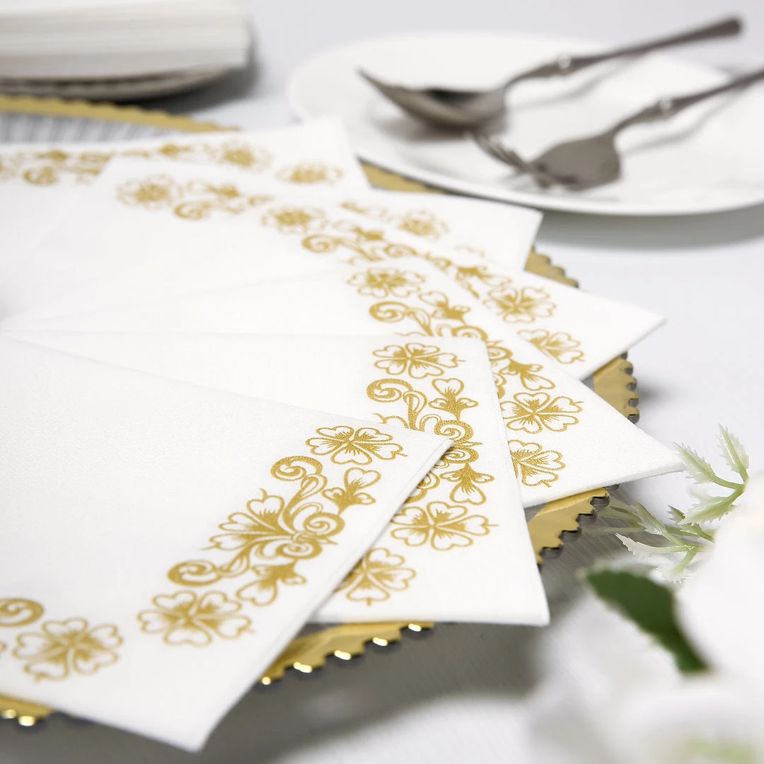 HIER_5470 Linen Napkins 20 Pack | 10"x10" White Airlaid Paper Cocktail Napkins Soft Linen Like Napkin With Gold Floral Design 6 HIER_5470 Linen Napkins 20 Pack | 10"x10" White Airlaid Paper Cocktail Napkins Soft Linen Like Napkin With Gold Floral Design