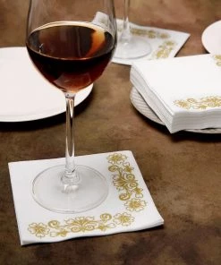 HIER_5470 Linen Napkins 20 Pack | 10"x10" White Airlaid Paper Cocktail Napkins Soft Linen Like Napkin With Gold Floral Design