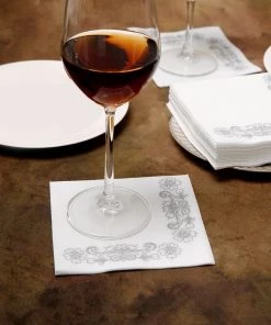 HIER_5470 20 Pack | 10"x10" White Airlaid Paper Cocktail Napkins Soft Linen Like Napkin With Silver Floral Design Linen Napkins