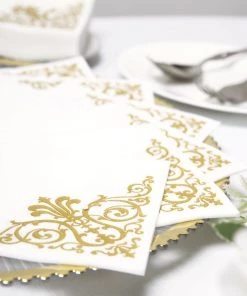 HIER_5470 20 Pack | 10"x10" White Airlaid Paper Cocktail Napkins Soft Linen Like Napkin With Gold Fleur Vintage Design Linen Napkins