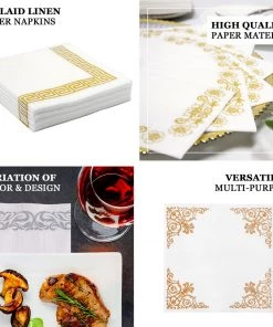 HIER_5470 Linen Napkins 20 Pack | 10"x10" White Airlaid Paper Cocktail Napkins Soft Linen Like Napkin With Gold Floral Design 15 HIER_5470 Linen Napkins 20 Pack | 10